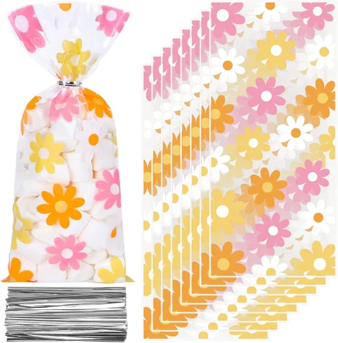 Whaline 100 bolsas de celofán con margaritas de celofán con lazos plateados, retro, hippie, bohemio, para fiestas, flores coloridas, bolsas de