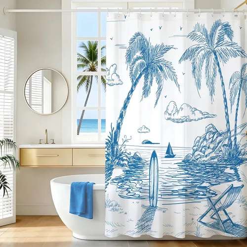 Miniatura 7 de MEHOFOND Cortina de ducha de surf, tabla de surf retro, diseño de palmeras tropicales, sala de estar, silla de verano para playa, tela de poliéster