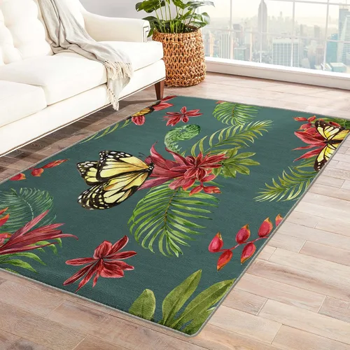 Alfombra de 2 x 3 pies, alfombras de mariposa para entrada, sala de estar, dormitorio, alfombra de área pequeña con flores tropicales y decoración