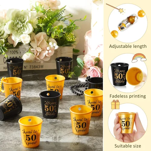 Miniatura 3 de Sureio 24 piezas de 50 cumpleaños regalos de fiesta de chupito collares tazas a granel para mujeres, hombres invitados, tazas de plástico dorado