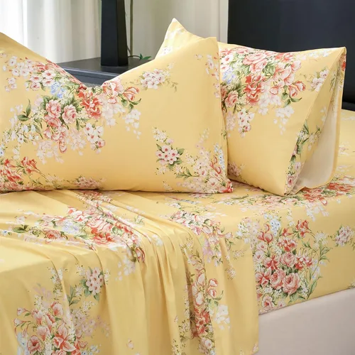 Miniatura 20 de Zusbest Juego de sábanas florales de 100 % algodón percal, color naranja y amarillo, juego de sábanas suaves y transpirables con diseño botánico