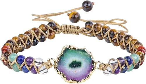 SUNYIK Pulsera de 7 cuentas de chakras para mujer, pulsera ajustable trenzada hecha a mano con cristal curativo de flores de sol