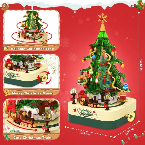 Miniatura 2 de Shemira Juego de 594 piezas de bloques de construcción de árbol de Navidad, caja de música giratoria de Navidad, juegos de construcción de juguetes