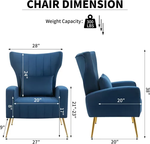 Miniatura 2 de Sillas decorativas de terciopelo con respaldo de ala y almohada lumbar, sillón moderno para sala de estar, dormitorio, silla auxiliar de recepción