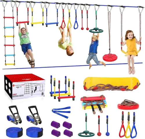 Ninja Warrior - Carrera de obstáculos para patio trasero de niños, kit de línea floja de 65 pies con 13 obstáculos, hebillas de instalación rápida