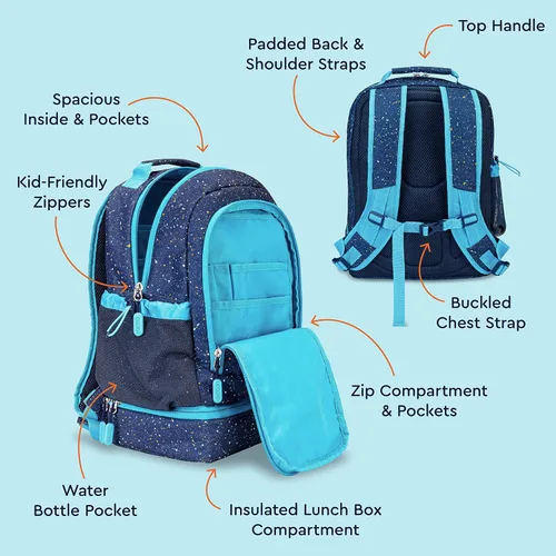 Miniatura 4 de Bentgo® Lonchera infantil de 5 compartimentos con mochila 2 en 1 para niños y bolsa de almuerzo aislada (edición confeti - azul abismo)