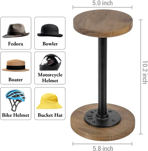 Miniatura 5 de MyGift 2 soportes para sombreros, perchero para sombreros de vaquero, organizador de gorra de béisbol con tubo de metal industrial, peluca o Madera