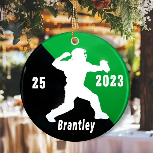 Adorno de Navidad con silueta de cazador de béisbol, colores de equipo personalizados, regalo de recuerdo deportivo
