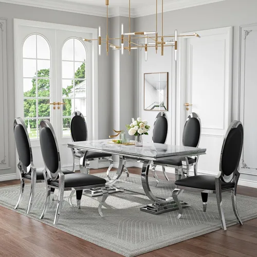Miniatura 24 de Juego de mesa de comedor de mármol de 70 pulgadas para 6, mesa de cocina grande y sillas de cuero negro, mesas de comedor modernas negras y doradas