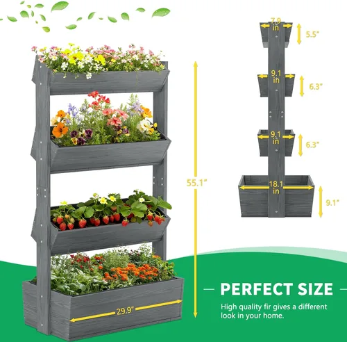 Miniatura 6 de DoCred Cama de jardín vertical elevada de madera, 4 niveles mejorados, soporte de madera independiente para plantas, hierbas, flores, verduras