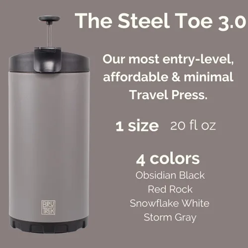 BruTrek Steel Toe 3.0 - Prensa de café de viaje, prepara 20 onzas líquidas sobre la marcha, tapa sin derrames, aislamiento al vacío de doble pared