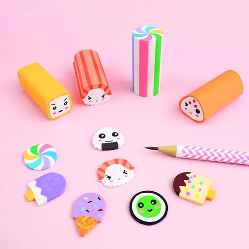 Miniatura 6 de Borradores de comida, paquete de 12 borradores de sushi, postres, borradores de mascotas para niños, lindos y divertidos, suministros escolares