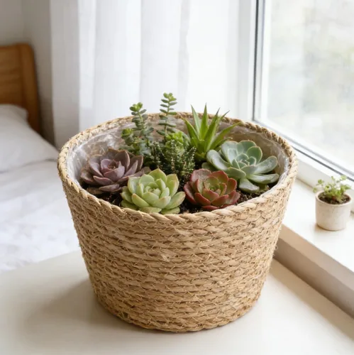 Miniatura 5 de FOMIYES Maceta de paja tejida para decoración del hogar, macetas de hierba marina, cesta de jardín para plantas de jardín, jarrón de ratán