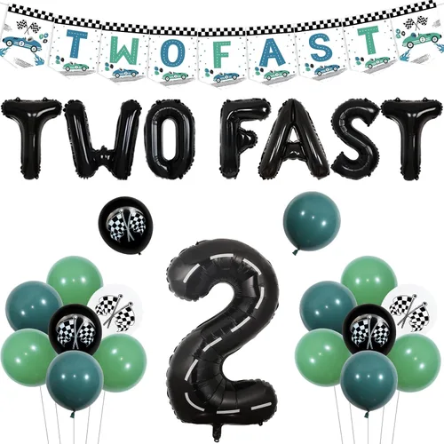 Decoraciones de fiesta de segundo cumpleaños de auto de carreras, dos decoraciones de cumpleaños rápidas, vintage, dos globos de aluminio a cuadros