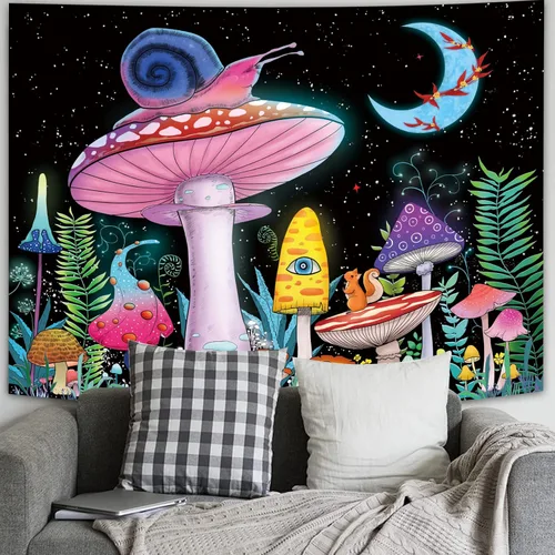 Miniatura 3 de ZYLLGLOW Tapiz de hongos trippy, tapiz de luna y estrellas, tapiz rosa de caracol, tapiz de plantas y hojas de fantasía, tapices de ojos trippy