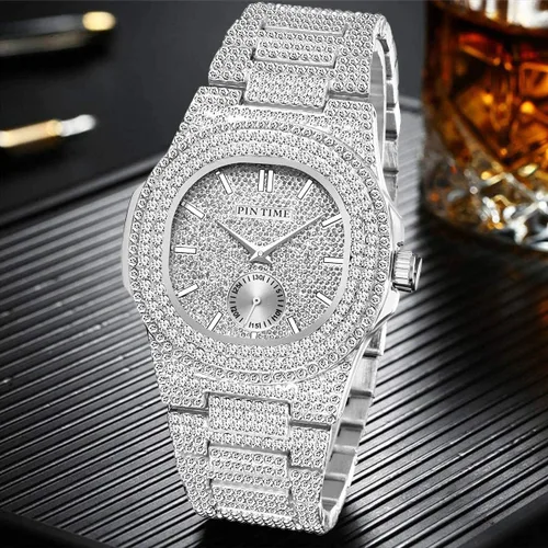 Miniatura 21 de Gosasa Reloj de pulsera unisex de cristal para hombre y mujer, reloj cubano con brillo completo, oblongo de plata/oro, reloj de pulsera de acero