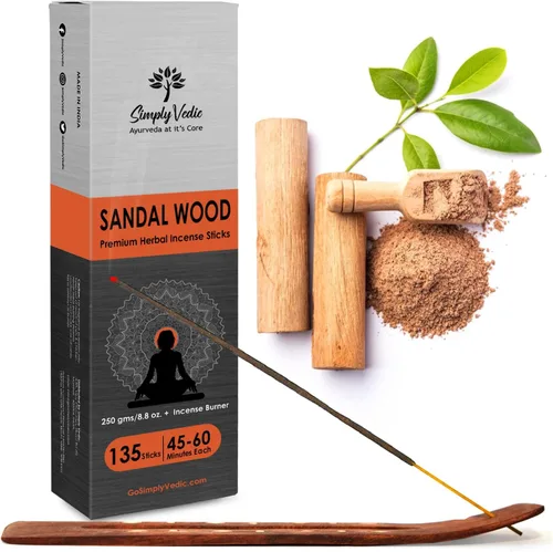 Simply Vedic Varillas de incienso de sándalo de 8.82 oz (aproximadamente 135 varillas hechas a mano) con soporte gratuito | 45 minutos de quemadura