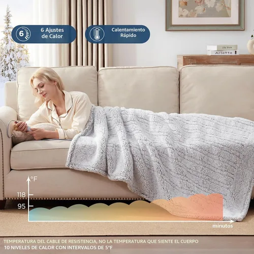 Miniatura 4 de Westinghouse Manta Eléctrica Tamaño Throw, Manta Térmica de Felpa Sherpa Suave con 6 Niveles de Calefacción y 2-10 Horas de Apagado Automático, Gris