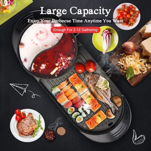 Miniatura 7 de SEAAN Olla caliente con parrilla, parrilla eléctrica para interiores, Shabu Shabu Shabu Pot coreana sin humo, doble temperatura contral, capacidad