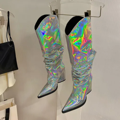 Miniatura 20 de Vertundy Botas altas hasta la rodilla metálicas con punta puntiaguda para mujer, botas altas de tacón alto de charol plisadas, botas largas plisadas