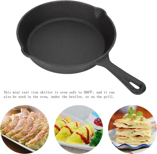 Miniatura 7 de Sartén de hierro fundido, sartén redonda negra, sartén de cocción uniforme con doble salida, sartén de cocción fácil presazonada para parrilla, 10CM