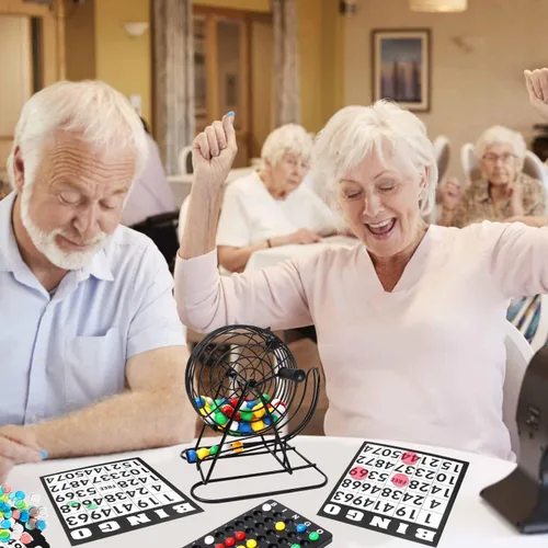 Miniatura 7 de GSE Games & Sports Expert Juego de bingo de lujo con bombo de acero, tablero maestro, 75 bolas, 300 fichas, 50 tarjetas de bingo para fiestas