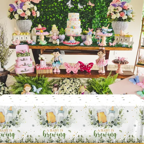Miniatura 3 de Decoraciones para baby shower, 3 piezas de mantel A Baby is Brewing (Un bebé está preparando), fundas para mesa de baby shower para niños y niñas