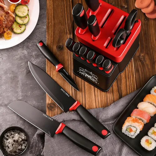 Miniatura 6 de Juego de 14 piezas de bloque de cuchillos de cocina con afilador, cuchillos de chef de acero inoxidable de alto carbono alemán, hoja de afeitar Rojo