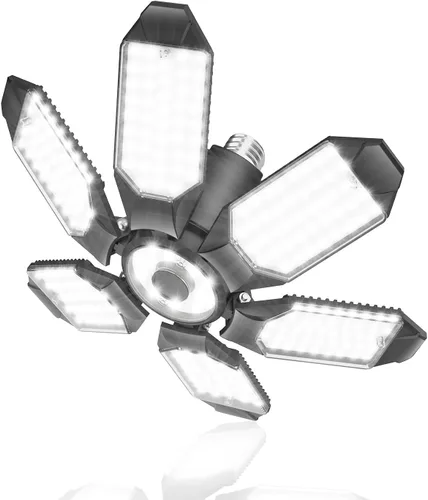 BRAINIAC Bombillas LED de garaje de 100 W con 6 paneles ajustables, E26/E27 tornillo de enchufe, luz LED de techo de garaje deformable para almacén,