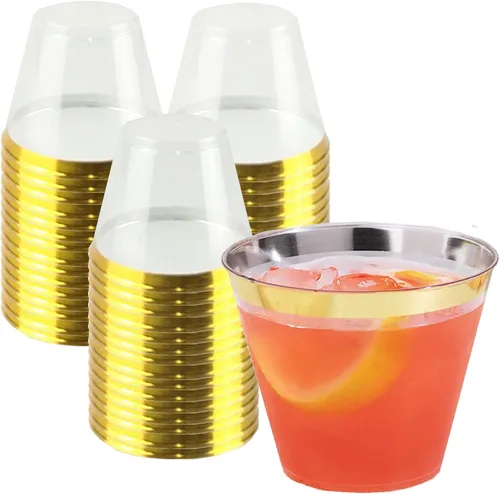 Miniatura 11 de QPEY Paquete de 50 vasos de plástico con borde de oro rosa, vasos desechables de 9 onzas de oro rosa de alta calidad, copas de vino de plástico duro