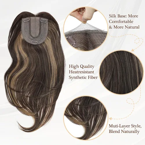 Miniatura 3 de UDU Hair Toppers para mujer: Fibra sintética, marrón ceniza, multicapa, largo y lacio, ondulado, con clip en pelucas con flequillo Marrón