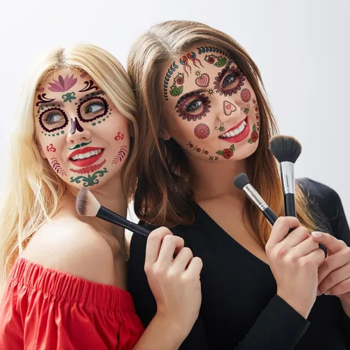 Miniatura 7 de Tatuajes faciales temporales de Halloween (paquete de 8 unidades), Konsait Día de los Muertos, calavera de azúcar, floral, negro, esqueleto, red