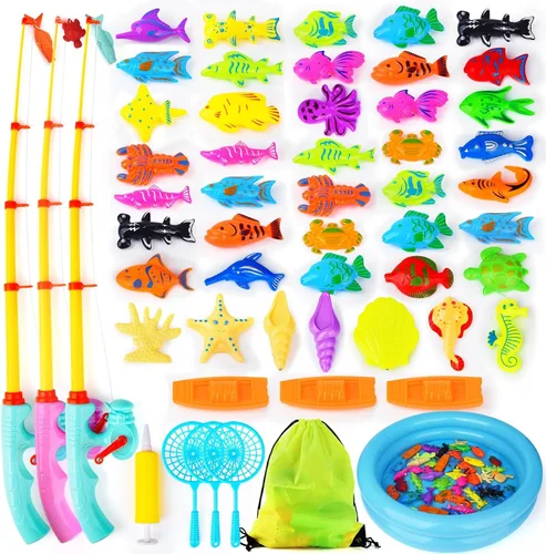 FIVEDAOGANG Juego de pesca magnético, 45 piezas, peces flotantes del océano y mar, animales coloridos con bolsa de almacenamiento portátil de red,
