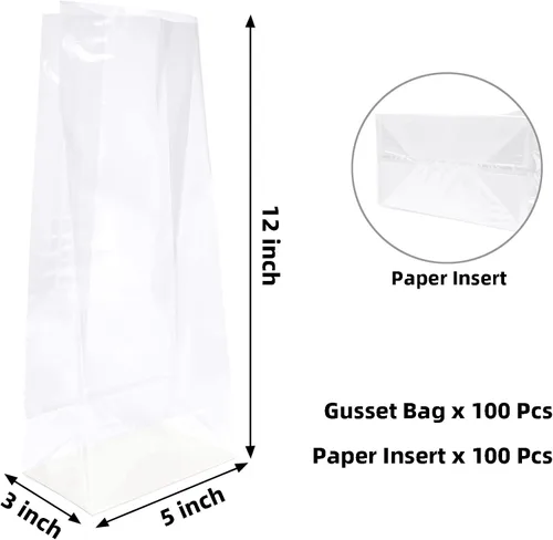 Miniatura 2 de Bolsas de celofán con fondo plano Yotelab, 5x3x12 Pulgadas Bolsas de celofán con fuelle con inserción de papel, 100 piezas