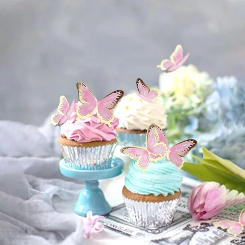 Miniatura 6 de Ercadio Paquete de 30 adornos de mariposa 3D para tartas – Mezcla de mariposas rosadas, impermeables, para baby shower, cumpleaños, boda, fiesta