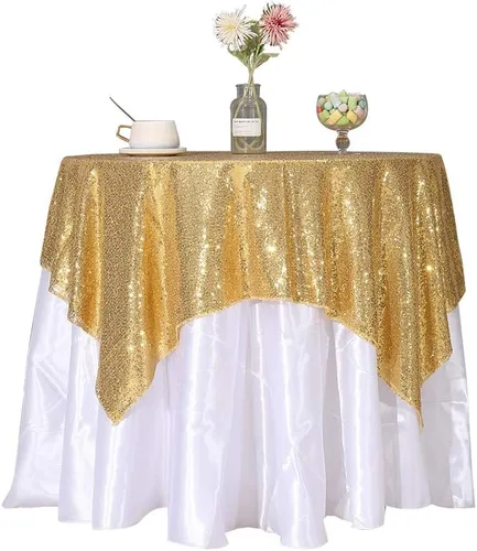 SquarePie Mantel de lentejuelas cuadrado superpuesto brillante mantel de mesa para fiesta pastel postre 50 x 50 pulgadas, color dorado