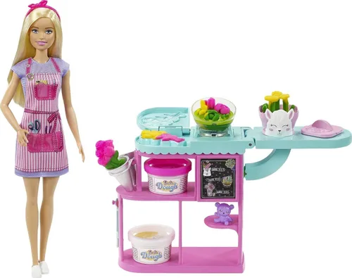 Barbie Muñeca y juego de floristería, estación de fabricación de flores con moldes, 3 colores de masa y accesorios, muñeca rubia de moda