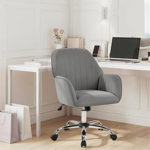 Miniatura 2 de Yaheetech Boucle - Silla de tocador de escritorio con respaldo, cómoda silla rodante de oficina con ruedas, ergonómica, altura ajustable, giratoria