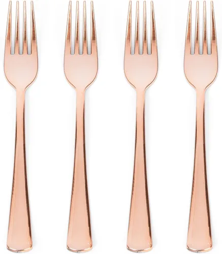 Miniatura 11 de Prestee 100 tenedores de plástico – Utensilios de cubiertos de plástico dorado resistentes de 7 pulgadas – Tenedores dorados elegantes y desechables