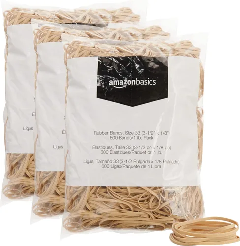 Amazon Basics Bandas de goma, suministros de oficina, tamaño 33 (3-1/2 x 1/8 pulgadas), elásticas, 600 bandas/paquete de 1 libra, paquete de 3,