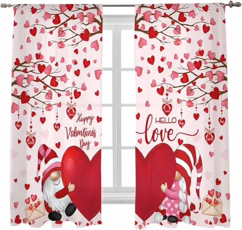 Cortinas CosyBright Feliz Día de San Valentín, 63 Pulgadas de Largo, 2 Paneles, Gnomos, Cortina de Ventana Roja, Corazón de Amor, Árbol, Cortinas