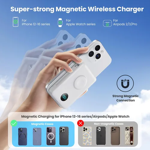Miniatura 15 de Cargador portátil magnético de 10800 mAh para iPhone con cables integrados, cargador de batería inalámbrico 6 en 1 con cargador iWatch, pantalla LCD