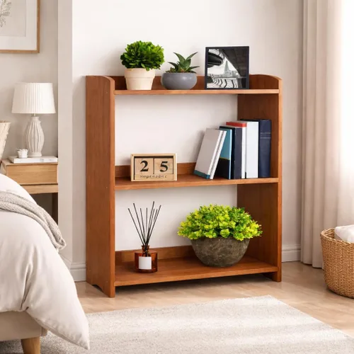 Miniatura 10 de Estantería negra de madera natural, estantería de 3 niveles, estantes pequeños para libros, estantes de exhibición y almacenamiento independientes.