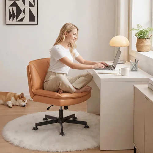 Miniatura 12 de DurayLoly Silla Criss Cross con Ruedas, Silla de Oficina con Patas Cruzadas con 2 Capas de Cuero Comfty & Back, Silla de Tocador Ancha sin Brazos