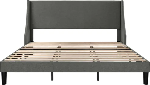 Miniatura 7 de Allewie Estructura de Cama de Plataforma Tamaño King con Cabecera Tapizada – Diseño Moderno Deluxe con Respaldo Alado, Soporte de Listones de Gris