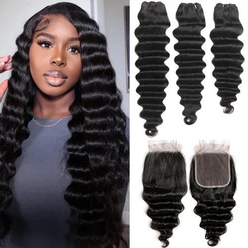 Miniatura 12 de Paquetes de cabello brasileño suelto de onda profunda con cierre, 3 paquetes y cierre de cabello humano de 10, 12, 14+10 pulgadas, 100% sin