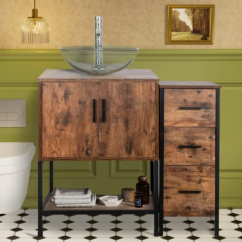 Miniatura 23 de UEV Juego de tocador de baño rústico marrón de 36 pulgadas con fregadero, marco de hierro industrial con 3 cajones laterales, fregadero de cerámica