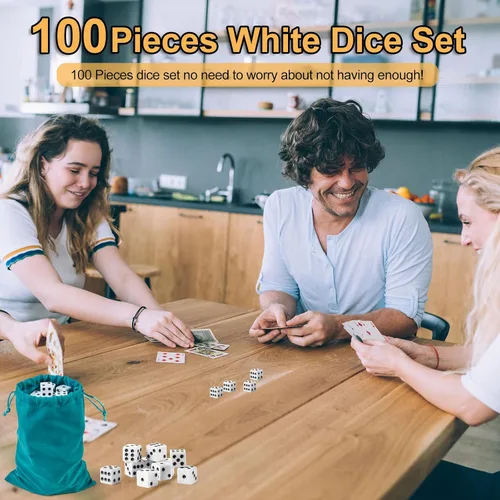 Miniatura 3 de Juego de dados de 100 piezas, dados blancos estándar de 0.63 pulgadas, dados opacos de seis caras con bolsa, dados blancos a granel de puntos negros
