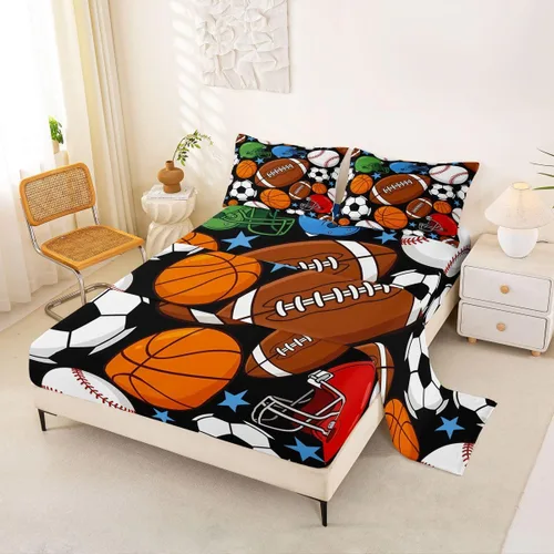 Miniatura 57 de Feelyou Football Bed Sheets Set Twin Size Basketball Sports Deep Pocket Fitted Sheet Soccer Ball Game Bedding Sets Black Baseball Gaming Soft Bed