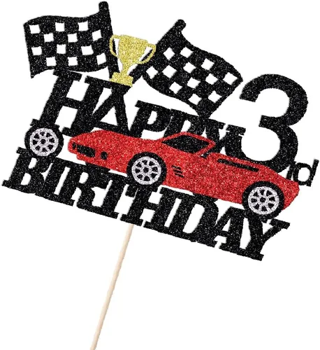 Miniatura 3 de Decoración de pastel de auto de carreras de 3 años, decoración de pastel de feliz tercer cumpleaños, auto de carreras, bandera a cuadros, rueda